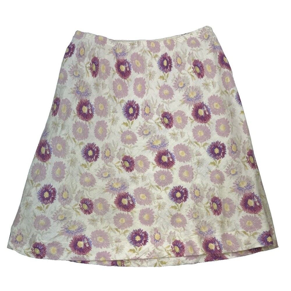 J Jill Linen Floral Skirt Pink Daisies Vintage Flare Cottagecore Lightweight M